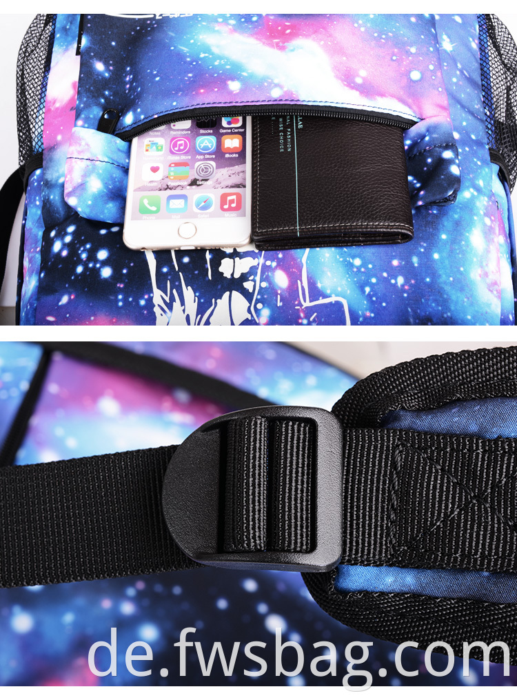 Hot Unisex Fashion Galaxy Anime Luminous Rucksack Outdoor Daypack School Rucksack mit USB Charing Port